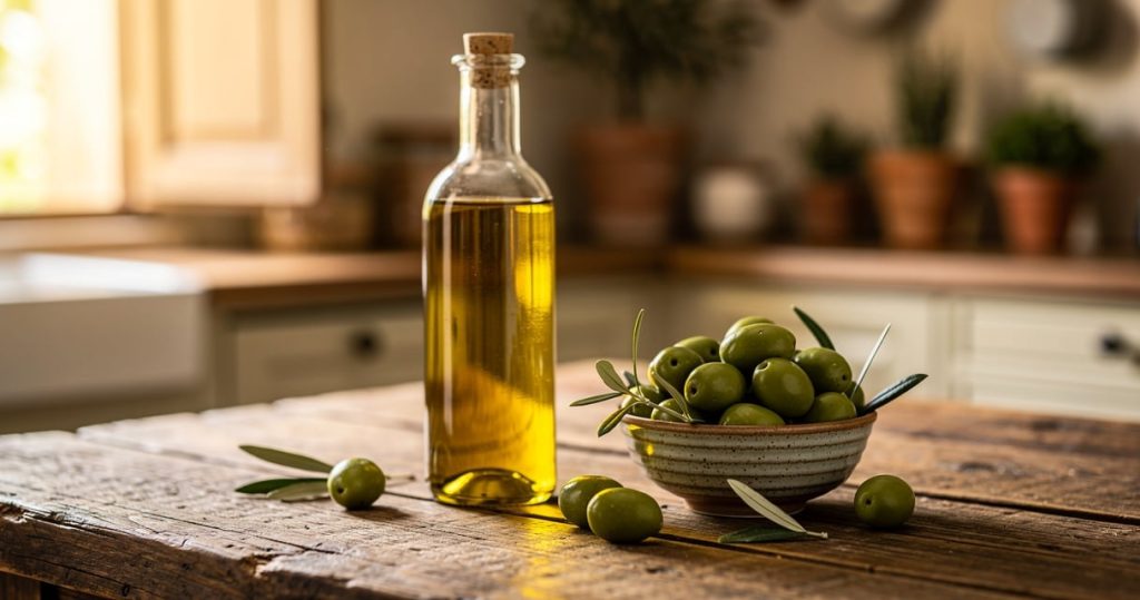 Bouteille d huile d olive dorée avec des olives fraîches dans un bol en céramique