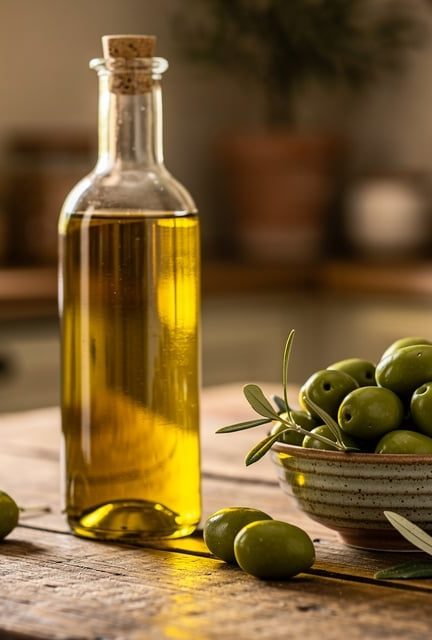 Bouteille d huile d olive dorée avec des olives fraîches dans un bol en céramique