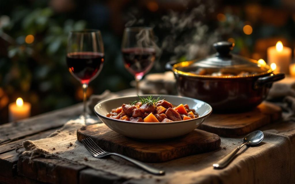Table de terroir en bois avec un plat fumant de civet de sanglier, un verre de vin rouge et une ambiance chaleureuse d’auberge de campagne.