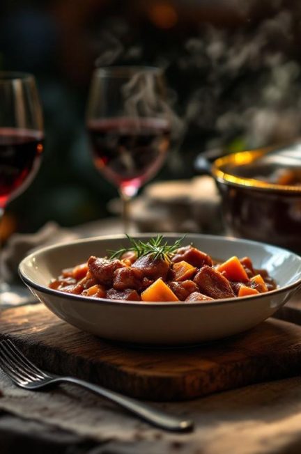 Table de terroir en bois avec un plat fumant de civet de sanglier, un verre de vin rouge et une ambiance chaleureuse d’auberge de campagne.