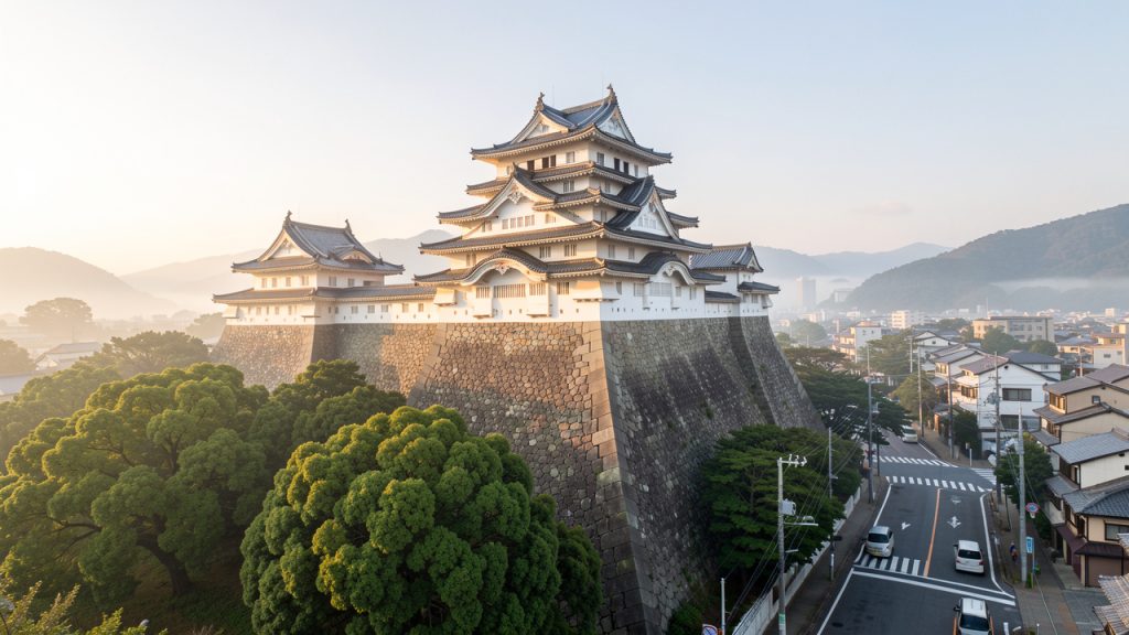 Vue immersive du château de Kumamoto au petit matin, avec ses remparts en pierre, une végétation luxuriante et les rues calmes de la ville japonaise.
