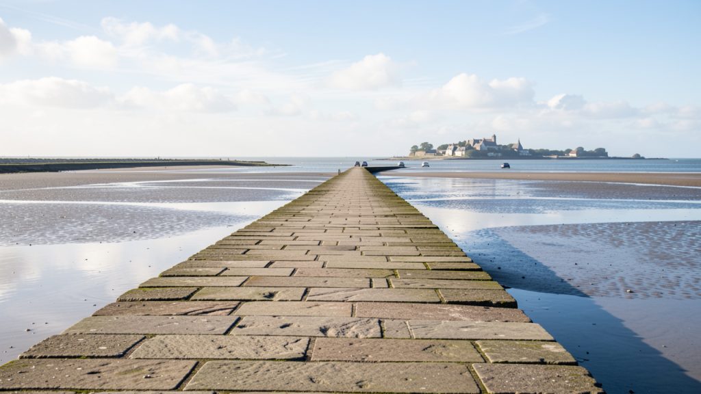 La chaussée du Gois apparaît à marée basse en Vendée, traversant les étendues côtières découvertes vers Noirmoutier sous un ciel lumineux, avec quelques voitures visibles au loin.