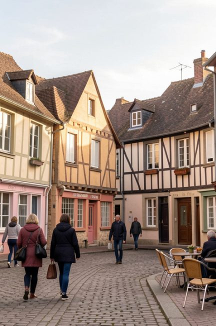 Vue immersive de maisons à pans de bois autour de la place Sainte-Anne à Rennes, avec des passants, une terrasse discrète et une douce lumière de fin d’après-midi.