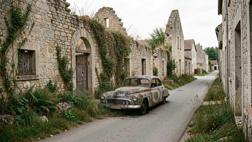 Vue sobre des ruines conservées d’Oradour-sur-Glane par temps doux, avec une rue déserte, une voiture ancienne calcinée et une atmosphère silencieuse de recueillement.