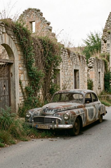 Vue sobre des ruines conservées d’Oradour-sur-Glane par temps doux, avec une rue déserte, une voiture ancienne calcinée et une atmosphère silencieuse de recueillement.