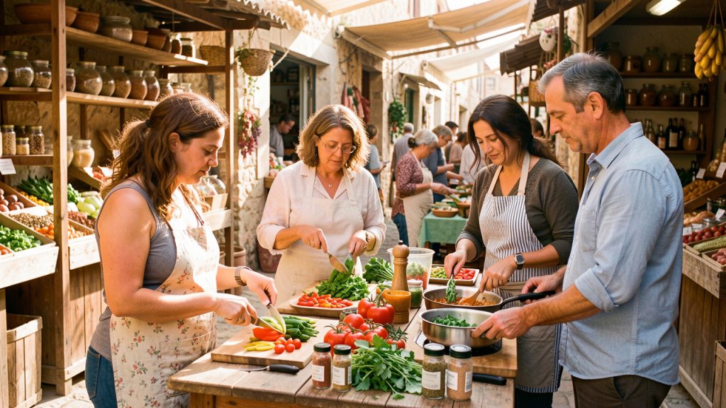 Une animatrice et trois adultes préparent des légumes frais et des épices lors d’un cours de cuisine dans un marché méditerranéen baigné par la lumière matinale.