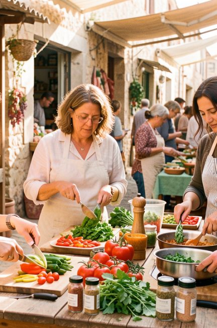 Une animatrice et trois adultes préparent des légumes frais et des épices lors d’un cours de cuisine dans un marché méditerranéen baigné par la lumière matinale.