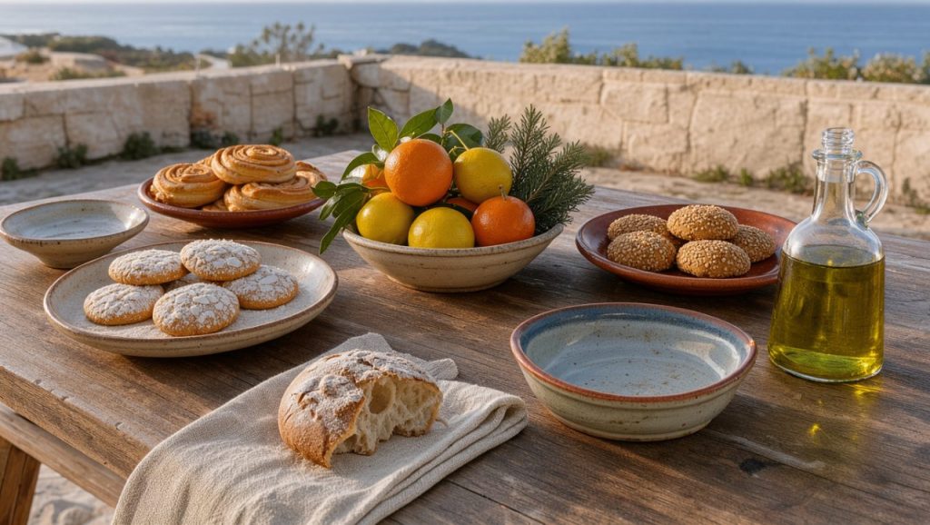 Table de Noël méditerranéenne dressée en extérieur avec agrumes, pâtisseries locales, vaisselle en céramique et huile d’olive, baignée par une douce lumière de décembre.