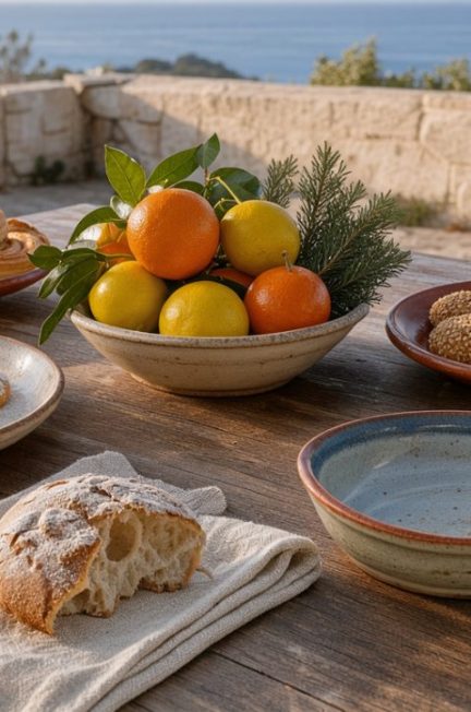 Table de Noël méditerranéenne dressée en extérieur avec agrumes, pâtisseries locales, vaisselle en céramique et huile d’olive, baignée par une douce lumière de décembre.